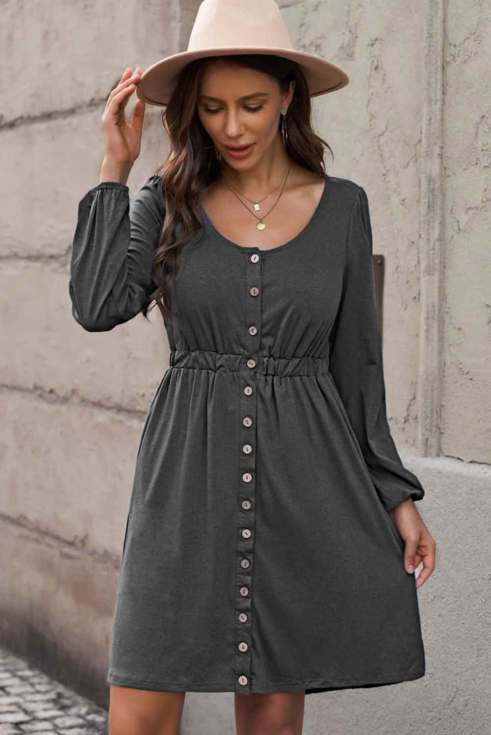 Magic Scoop Neck Empire Waist Long Sleeve Mini Dress