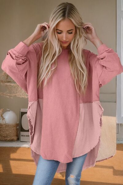 Contrast Texture Long Sleeve Blouse