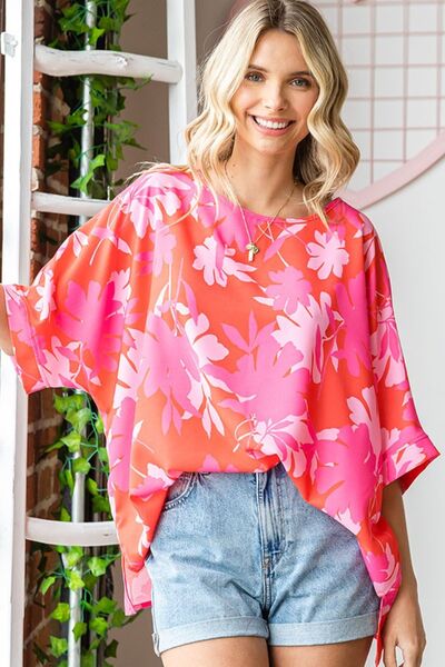 Slit Printed Round Neck Half Sleeve Blouse