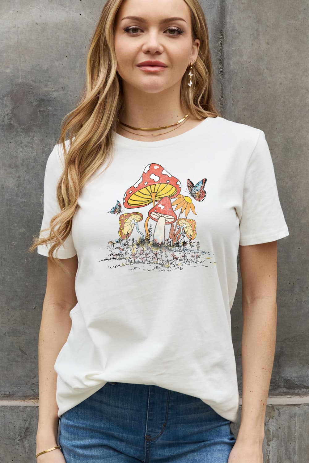 Mushroom & Butterfly Graphic Cotton T-Shirt