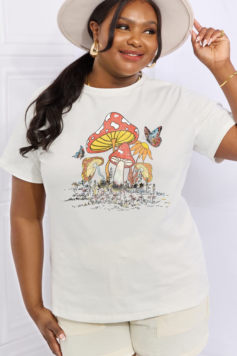 Mushroom & Butterfly Graphic Cotton T-Shirt