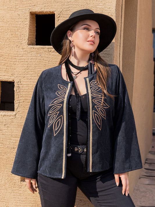 Plus Size Embroidered Open Front Corduroy Jacket