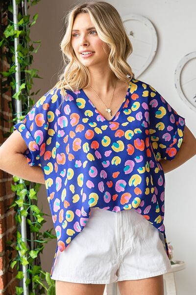 Printed V-Neck Short Sleeve Blouse