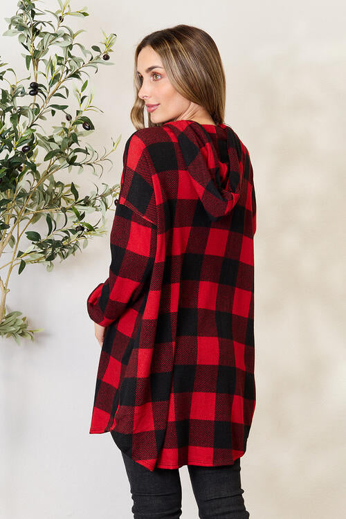 Plaid Button Front Hooded Shirt