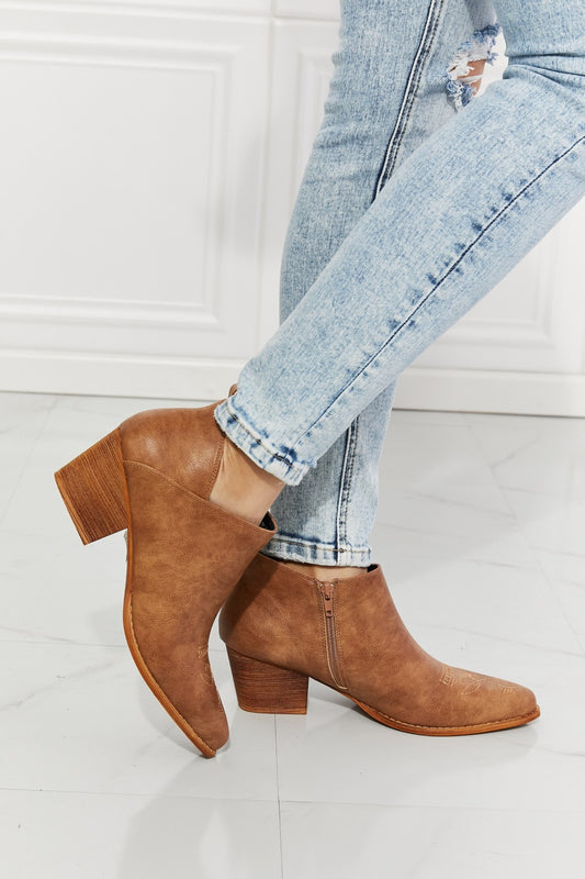 Trust Yourself Embroidered Crossover Cowboy Bootie in Caramel