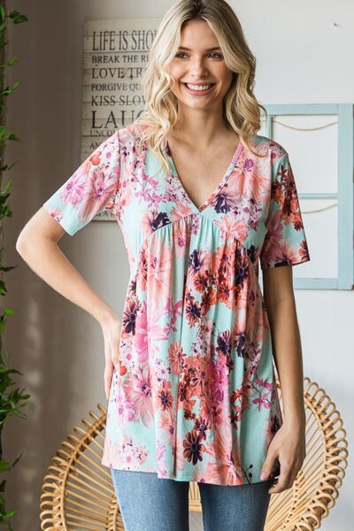 Floral V-Neck Short Sleeve Babydoll Blouse