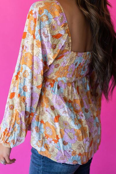 Smocked Printed Square Neck Balloon Sleeve Blouse