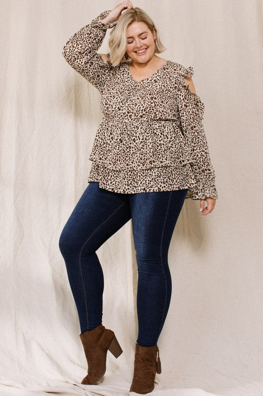 Leopard Cold Shoulder Ruffled Blouse