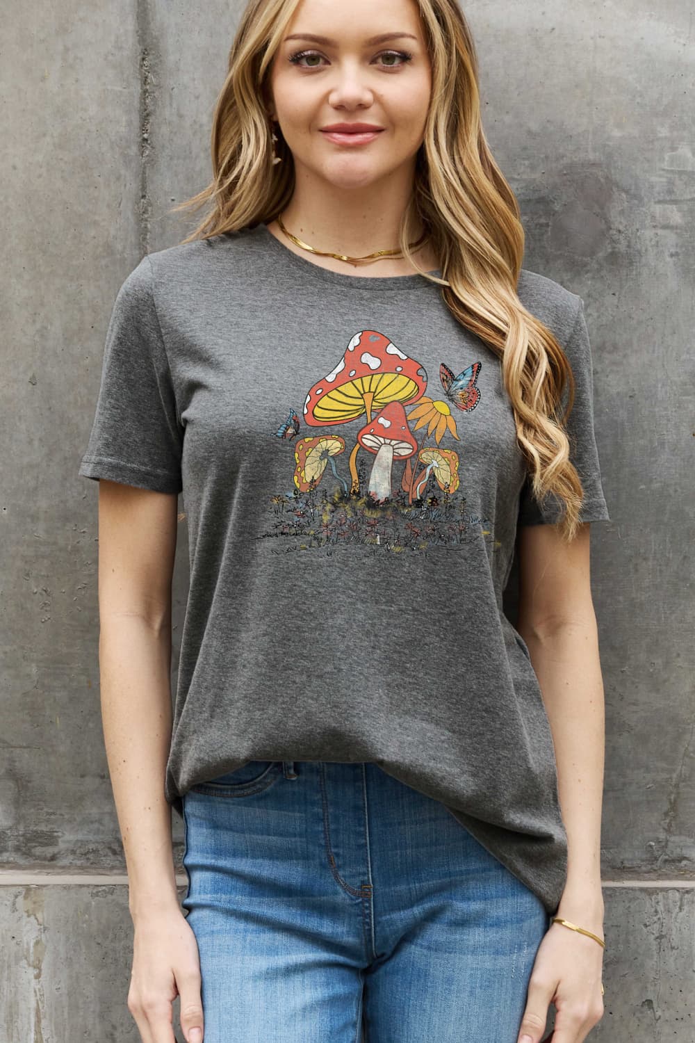 Mushroom & Butterfly Graphic Cotton T-Shirt