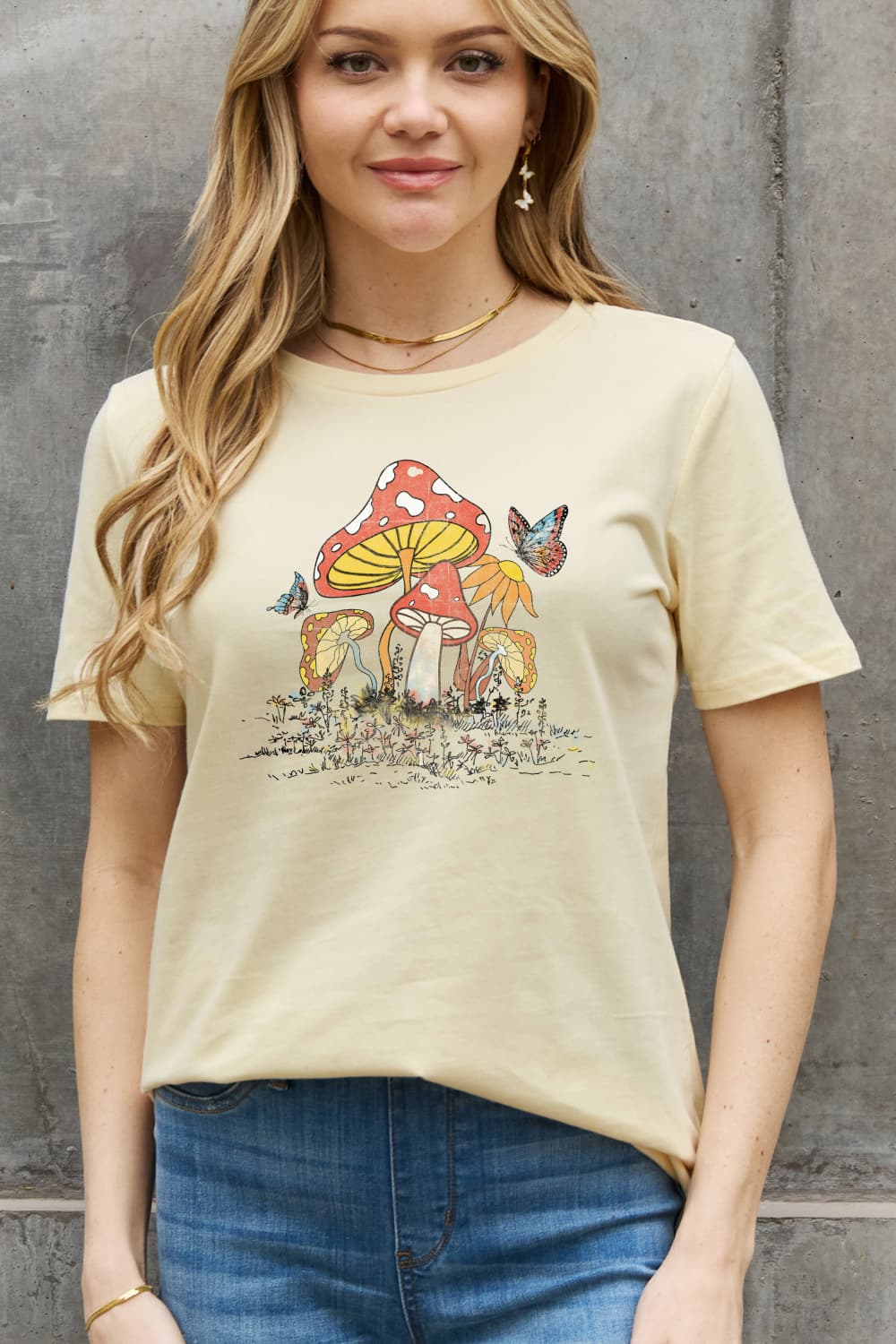 Mushroom & Butterfly Graphic Cotton T-Shirt