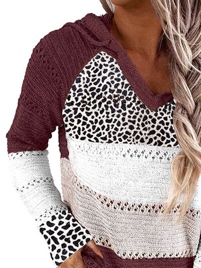 Openwork Leopard Drawstring Hooded Sweater