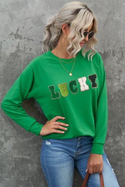 LUCKY Round Neck Raglan Sleeve Sweatshirt