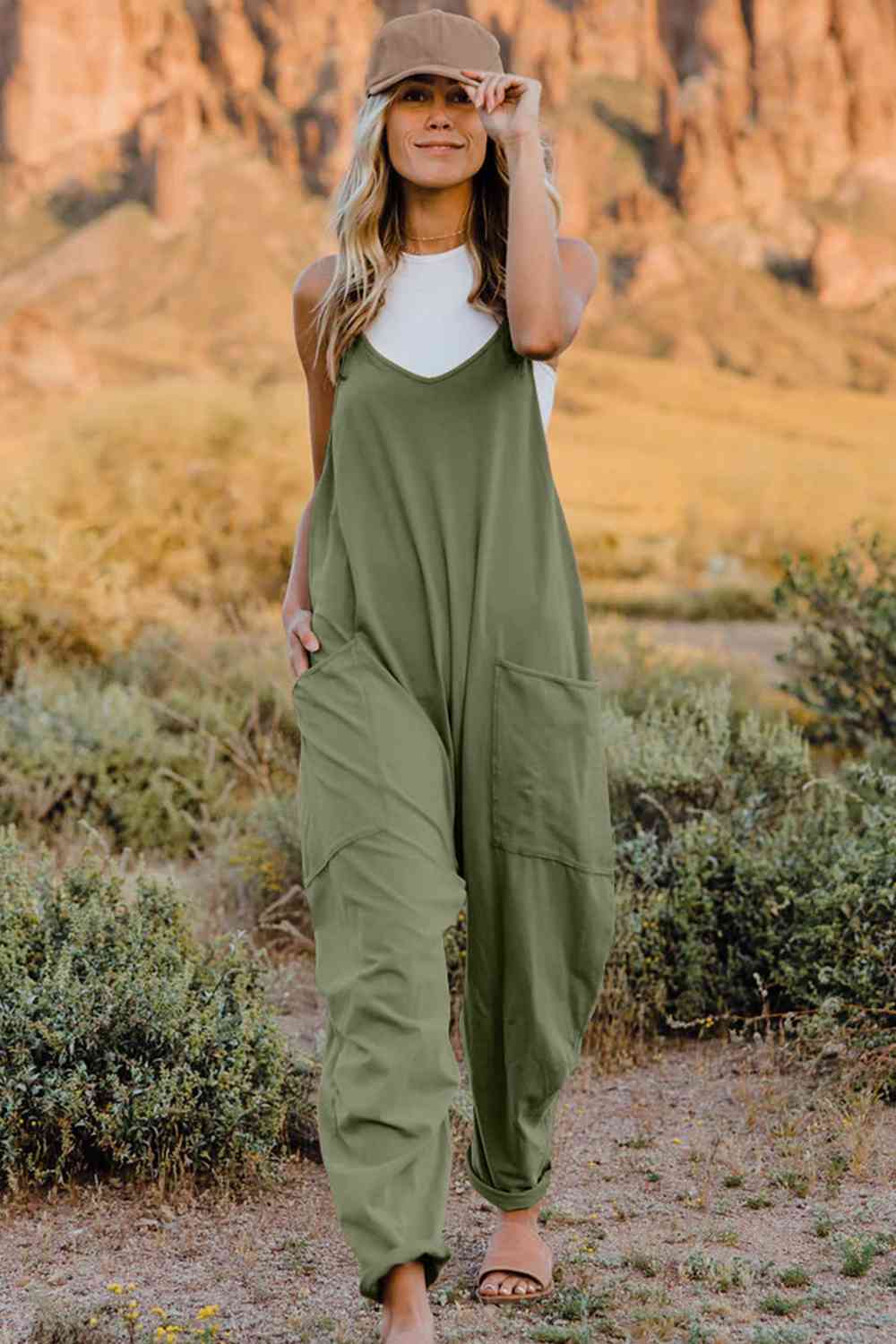 V-Neck Sleeveless Jumpsuit with Pocket