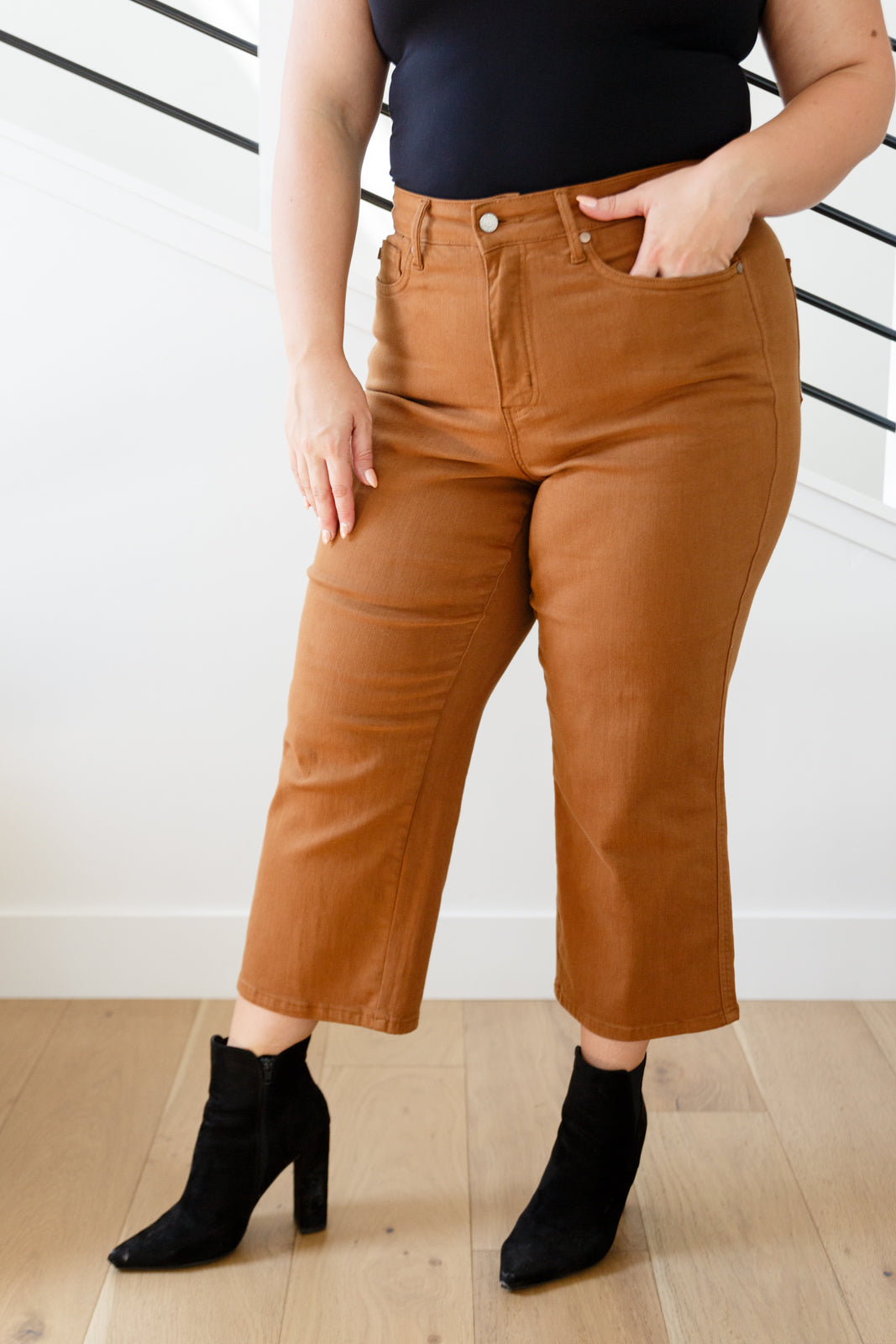 Briar High Rise Control Top Wide Leg Crop Jeans in Camel by Judy Blue