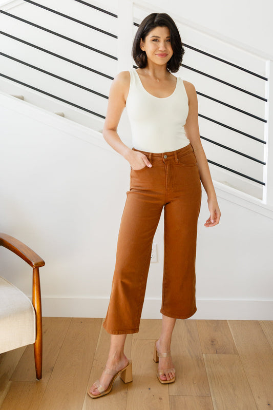 Briar High Rise Control Top Wide Leg Crop Jeans in Camel by Judy Blue