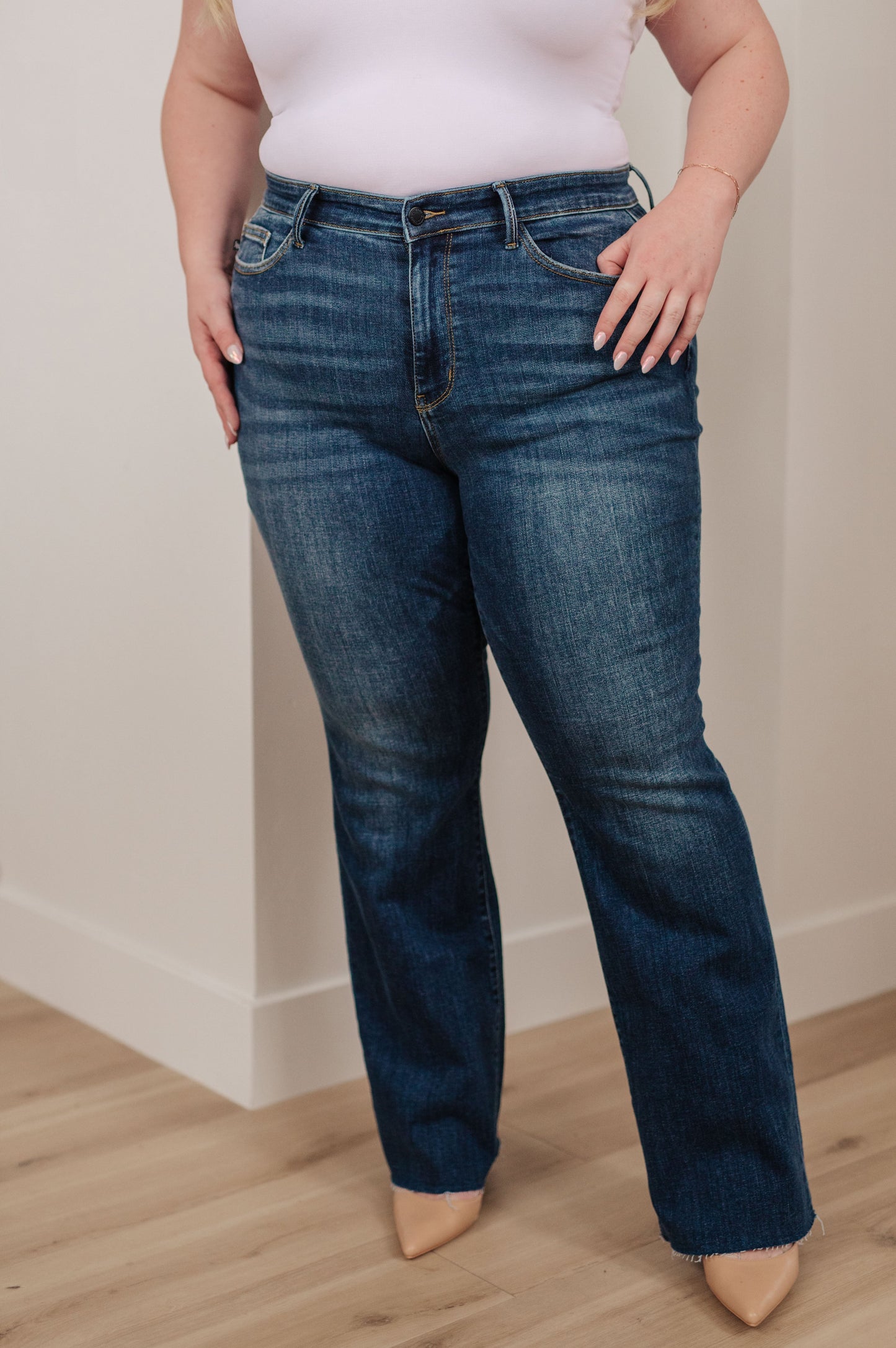 Josephine Mid Rise Raw Hem Bootcut Jeans by Judy Blue