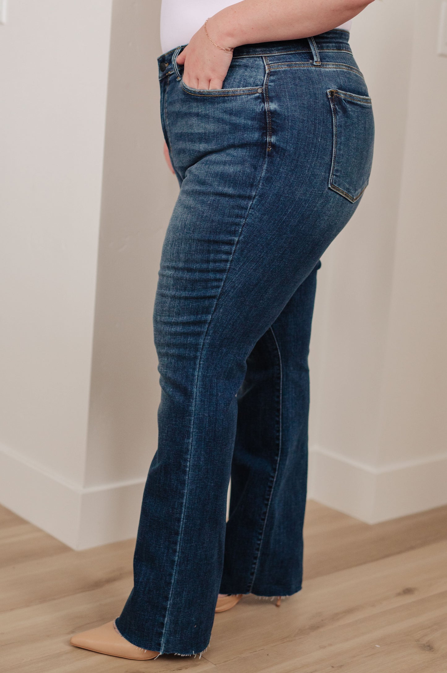 Josephine Mid Rise Raw Hem Bootcut Jeans by Judy Blue