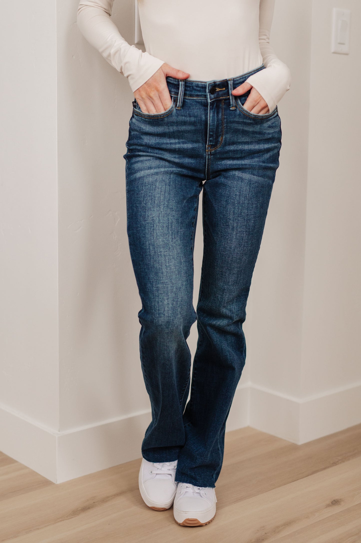 Josephine Mid Rise Raw Hem Bootcut Jeans by Judy Blue