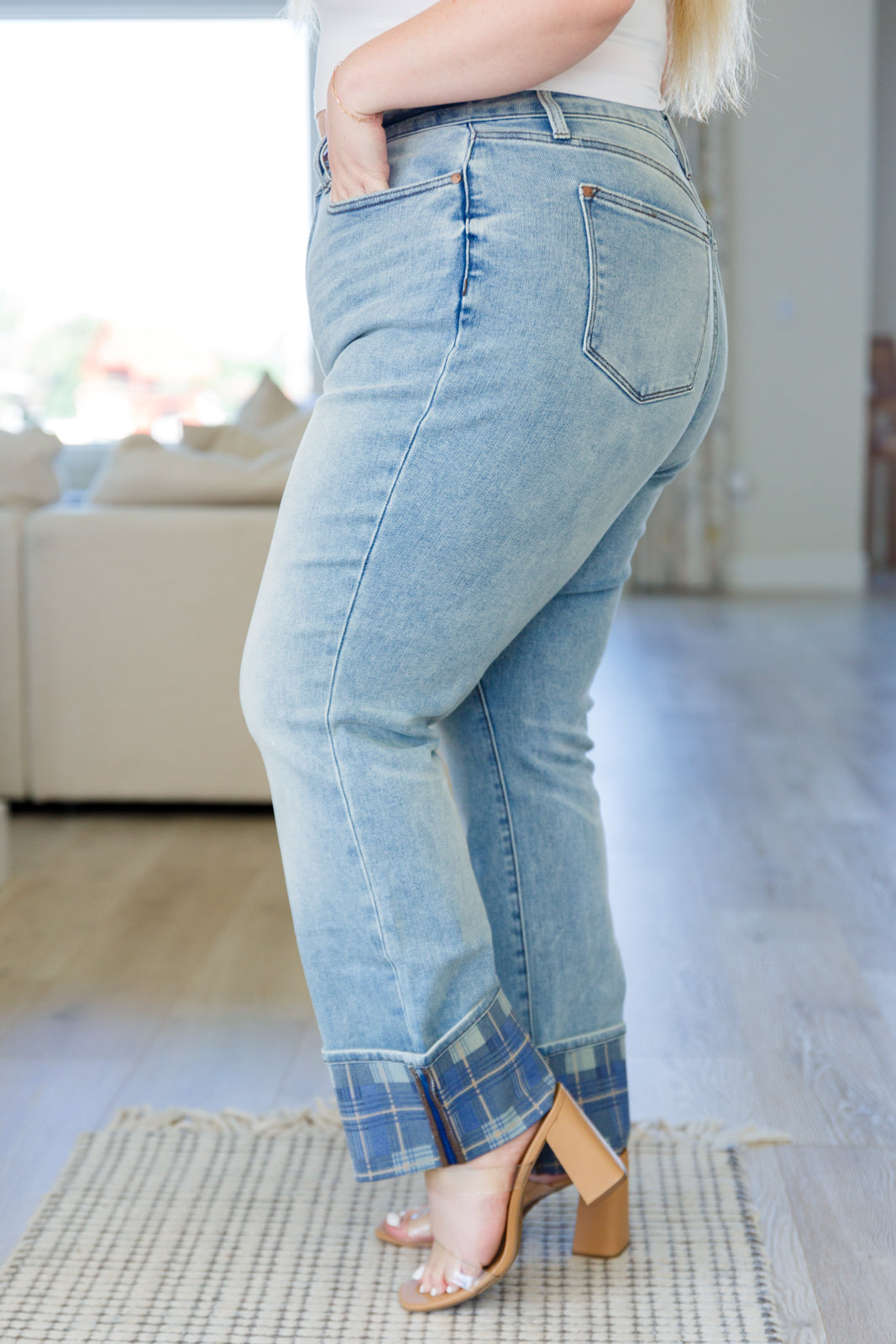 Miranda High Rise Plaid Cuff Vintage Straight JB Jeans