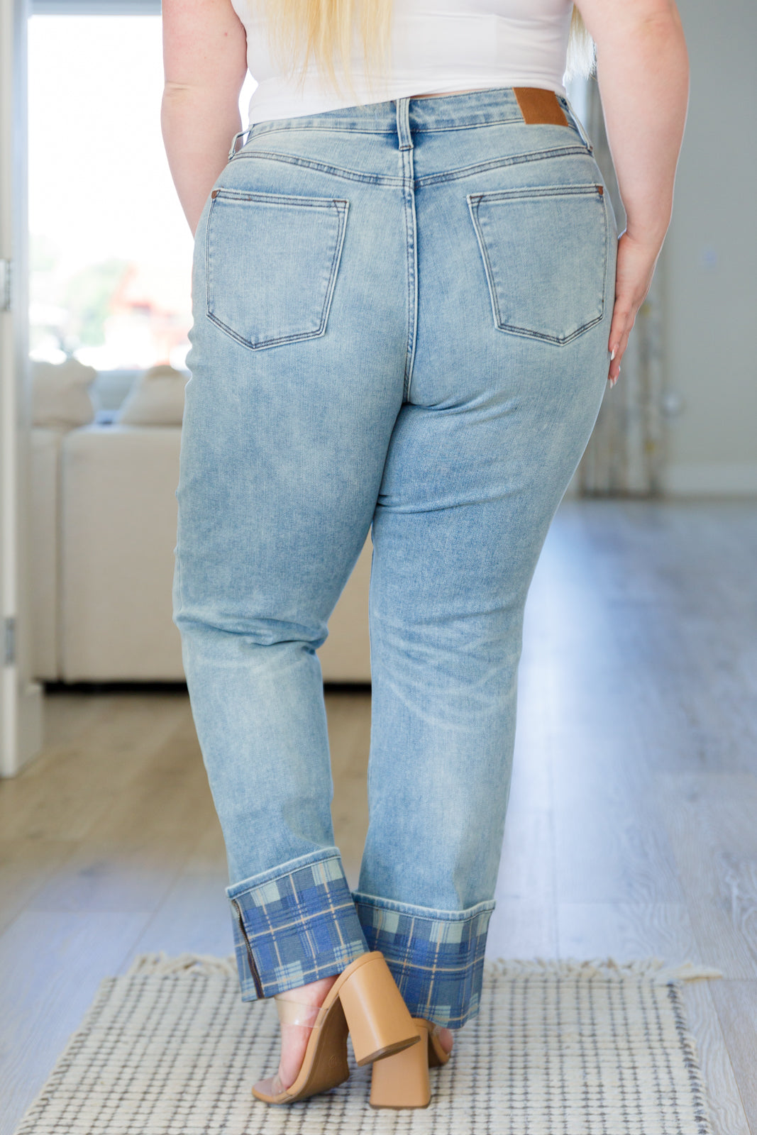 Miranda High Rise Plaid Cuff Vintage Straight JB Jeans