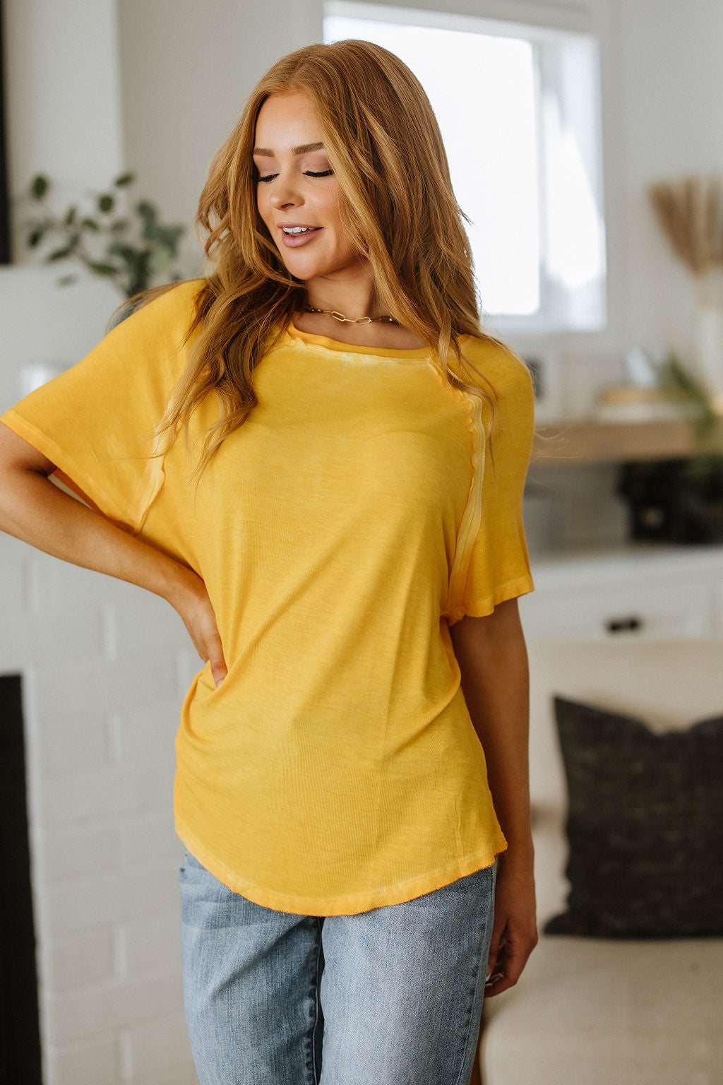 New Edition Mineral Wash T Shirt Yellow by Zenana