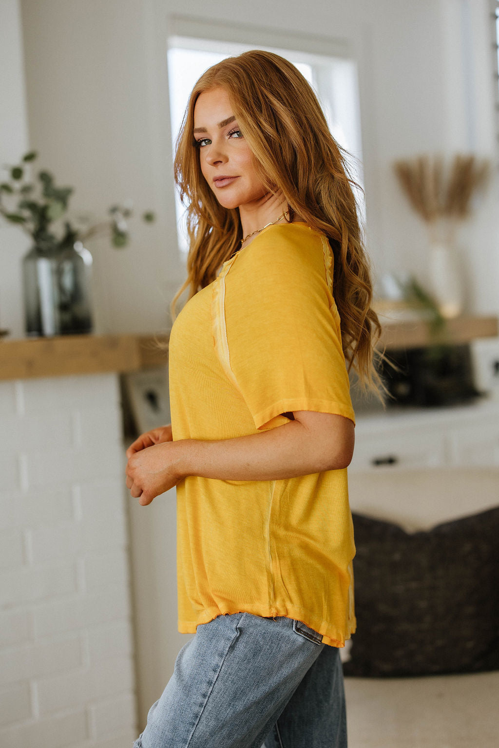 New Edition Mineral Wash T Shirt Yellow by Zenana