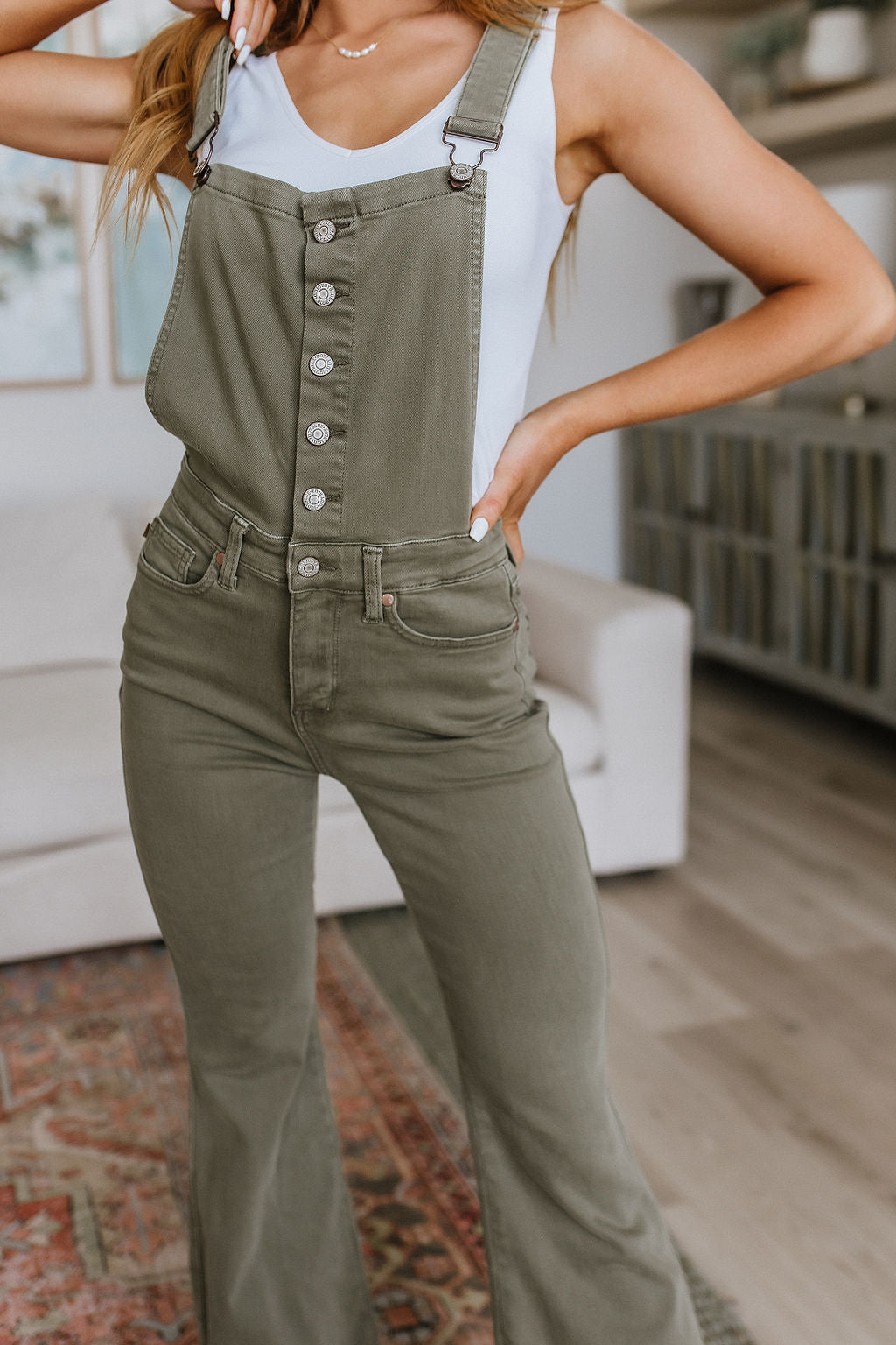 Olivia Control Top Release Hem Overalls in Olive JB