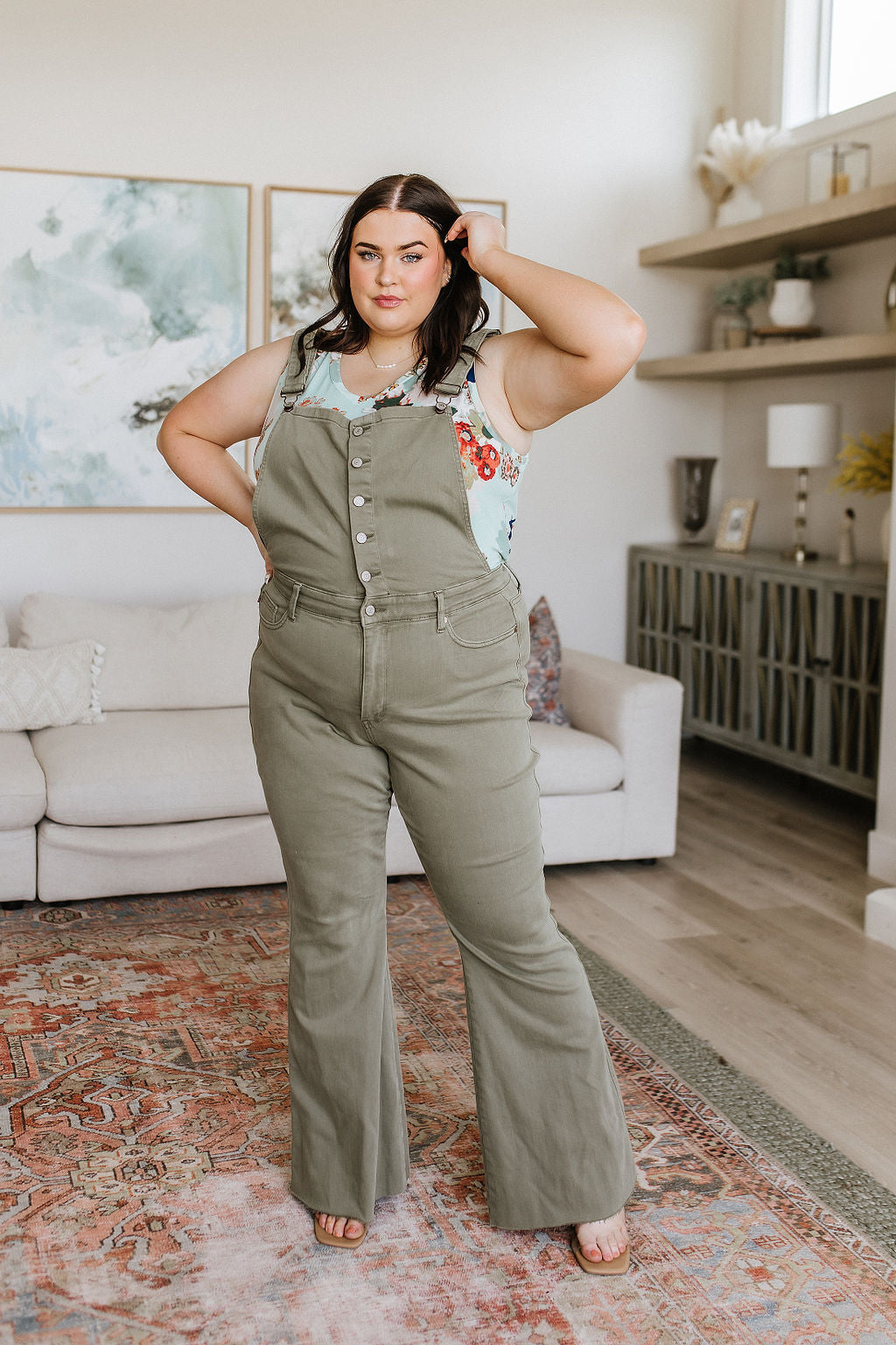 Olivia Control Top Release Hem Overalls in Olive JB