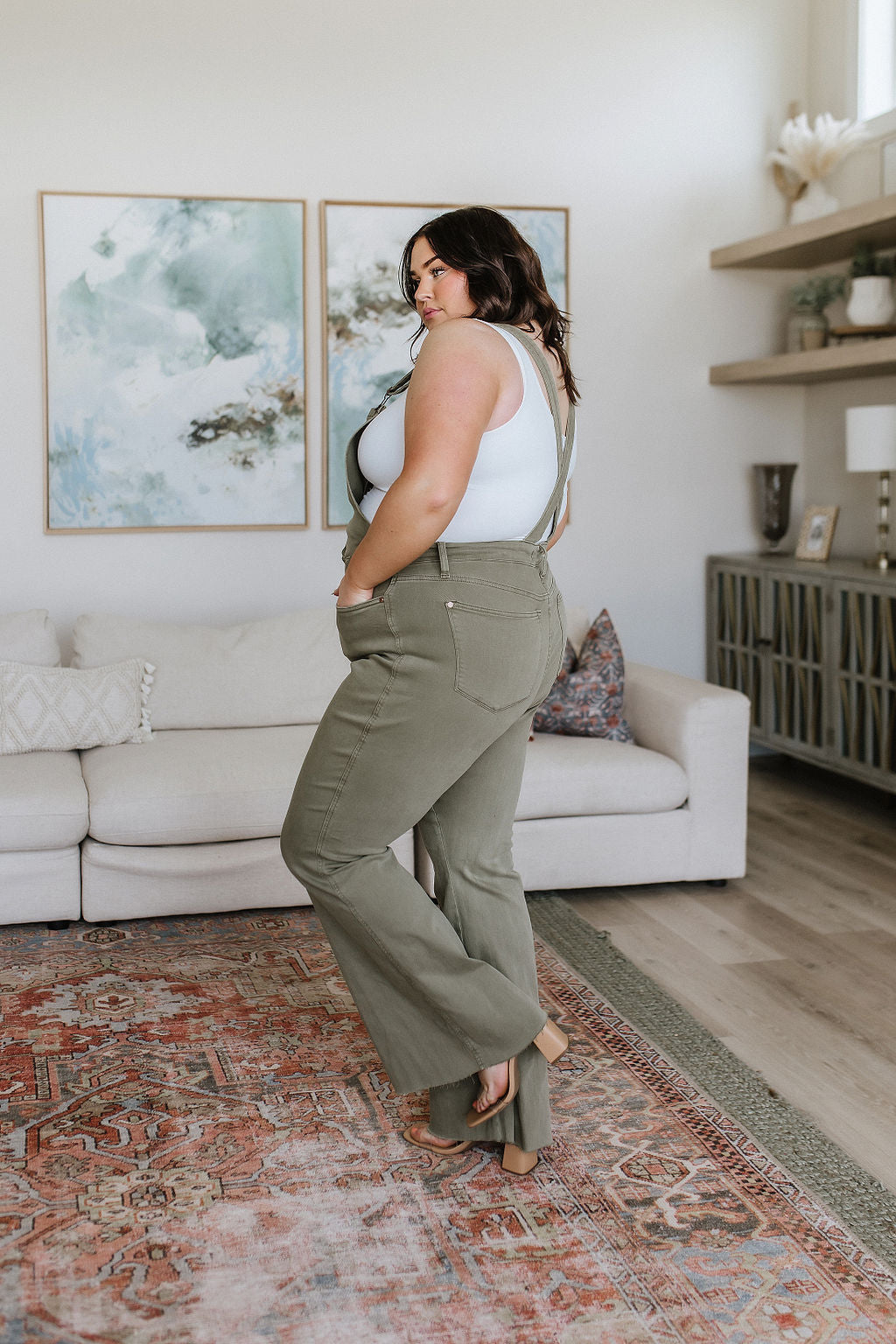 Olivia Control Top Release Hem Overalls in Olive JB