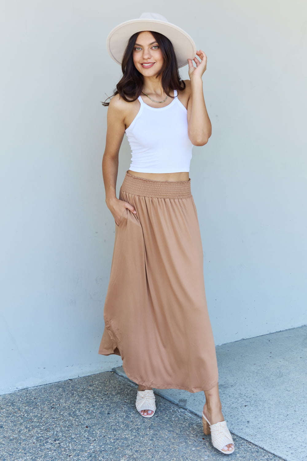 Comfort Princess High Waist Scoop Hem Maxi Skirt in Tan