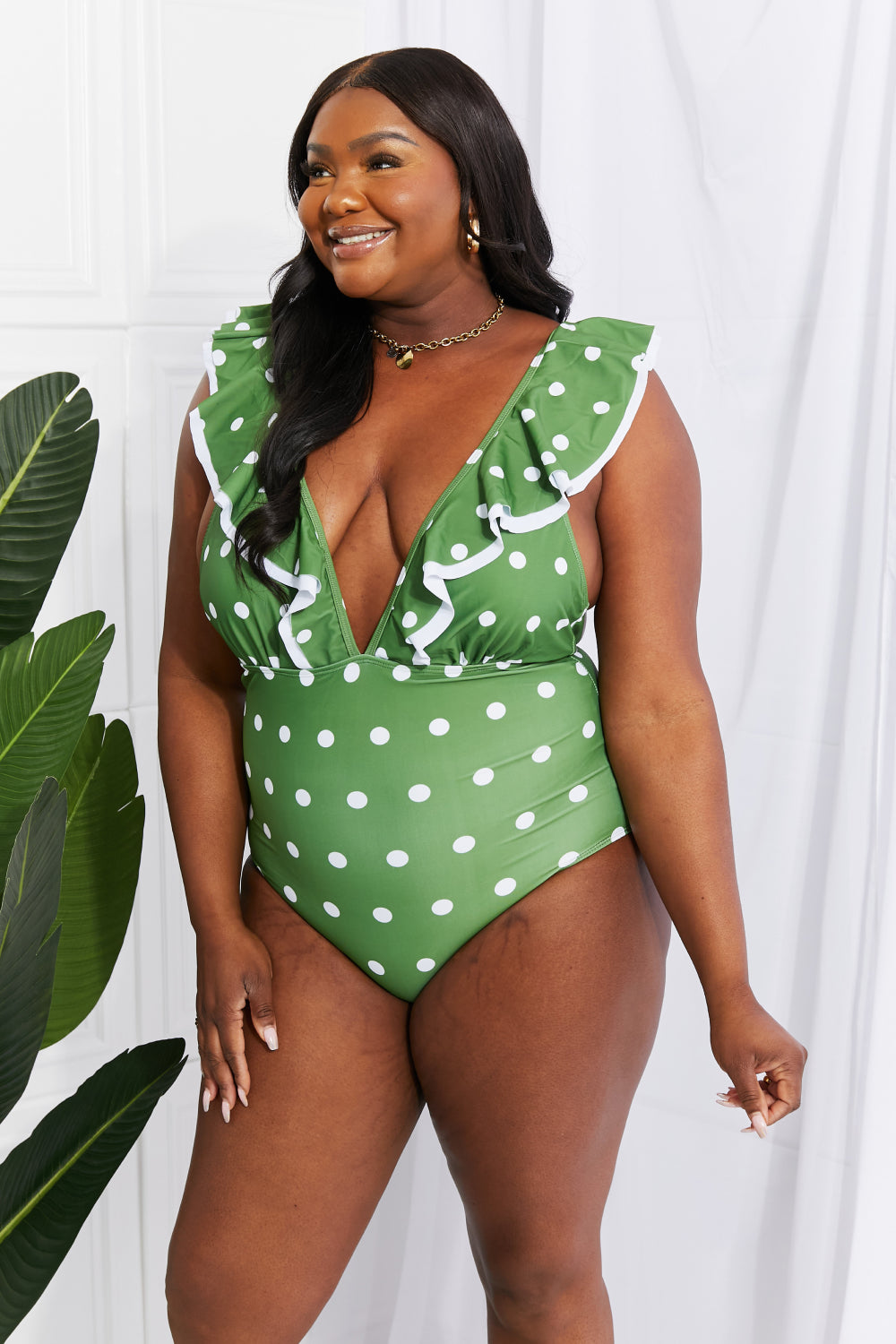 Moonlit Dip Ruffle Plunge Swimsuit in Mid Green