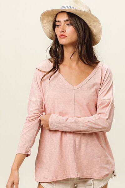 Exposed Seam V-Neck Long Sleeve T-Shirt