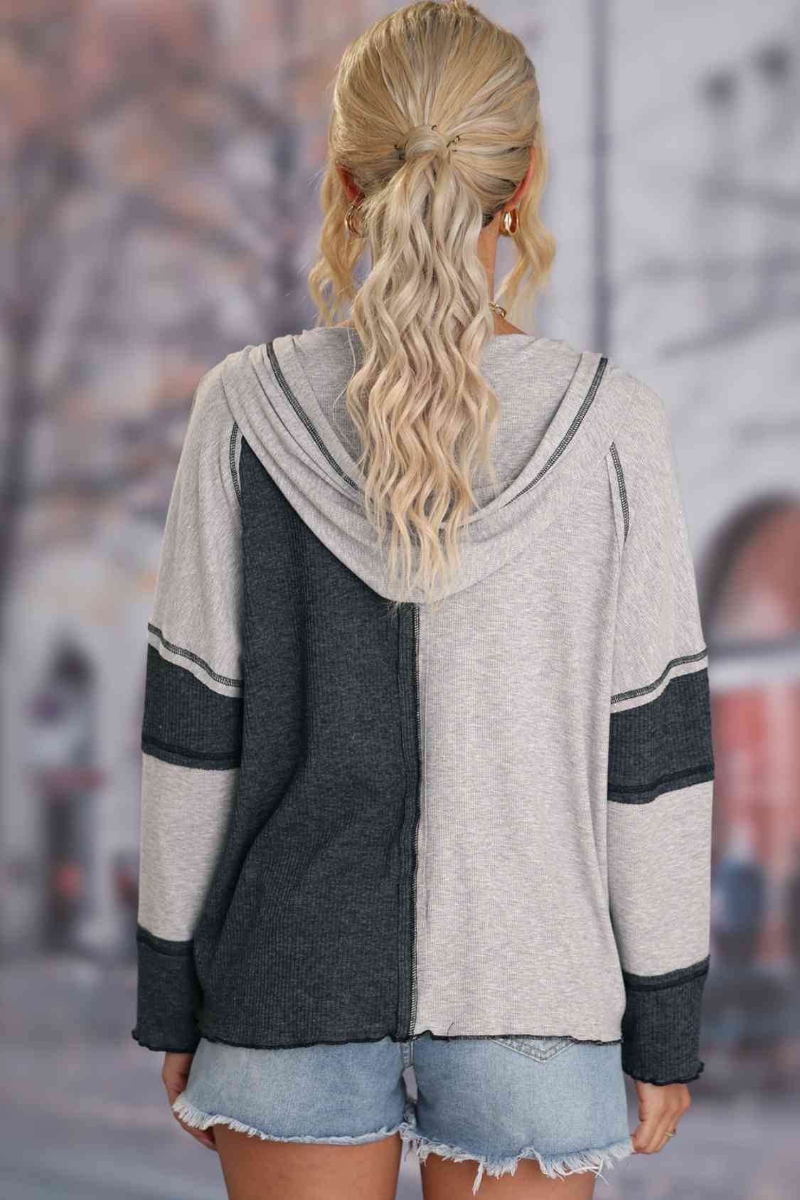 Exposed Seam Color Block Hoodie with Drawstring