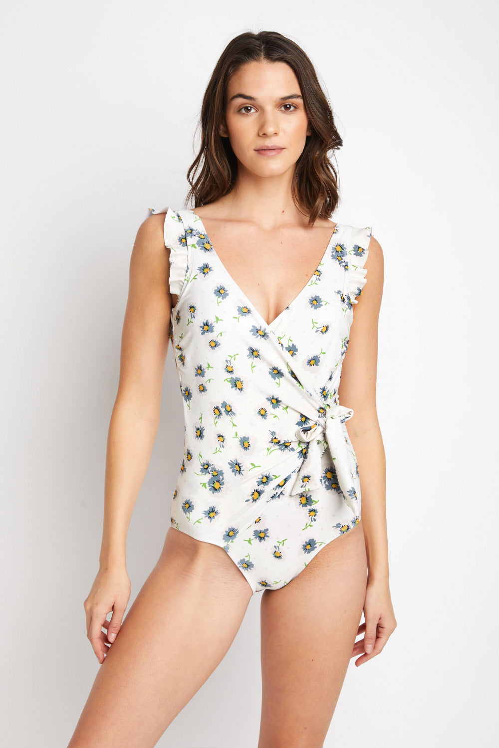 Float On Ruffle Faux Wrap One-Piece in Daisy Cream