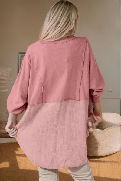 Contrast Texture Long Sleeve Blouse