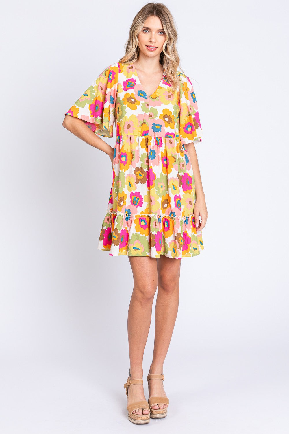 GeeGee Floral V-Neck Ruffle Trim Mini Dress