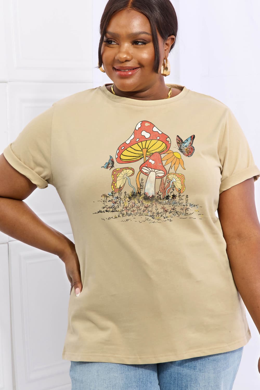 Mushroom & Butterfly Graphic Cotton T-Shirt