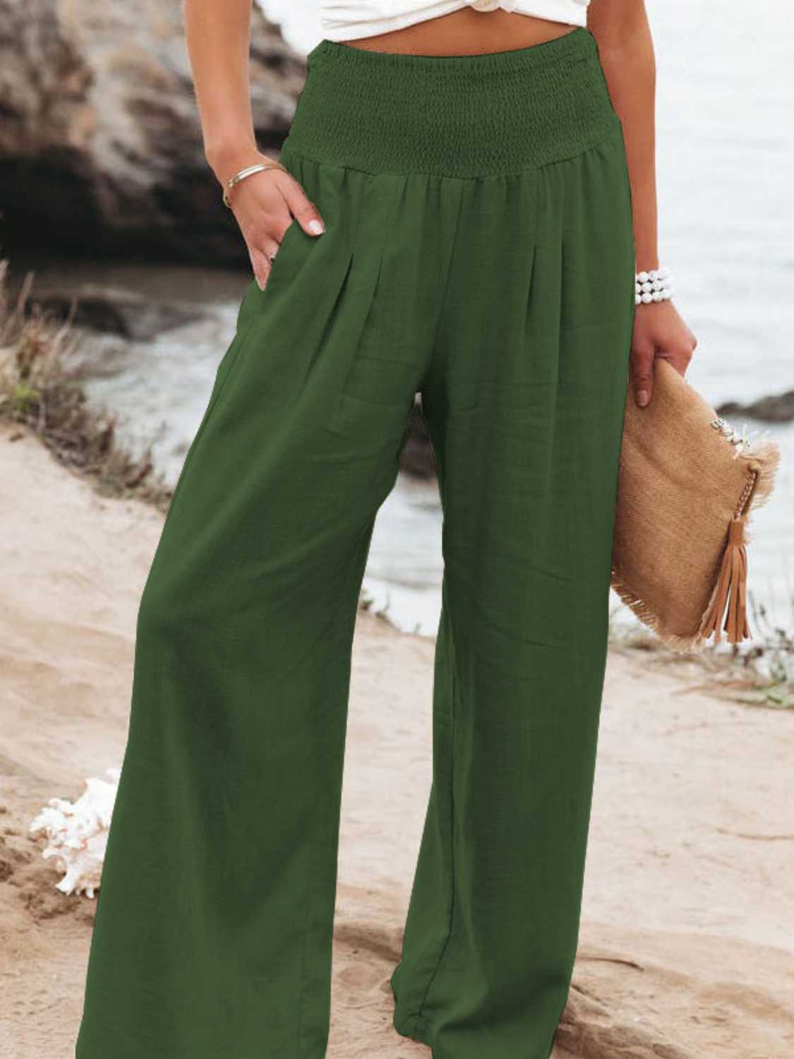 Smocked Waist Wide Leg Pants