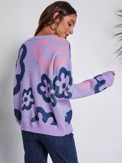 Flower Pattern Round Neck Long Sleeve Sweater