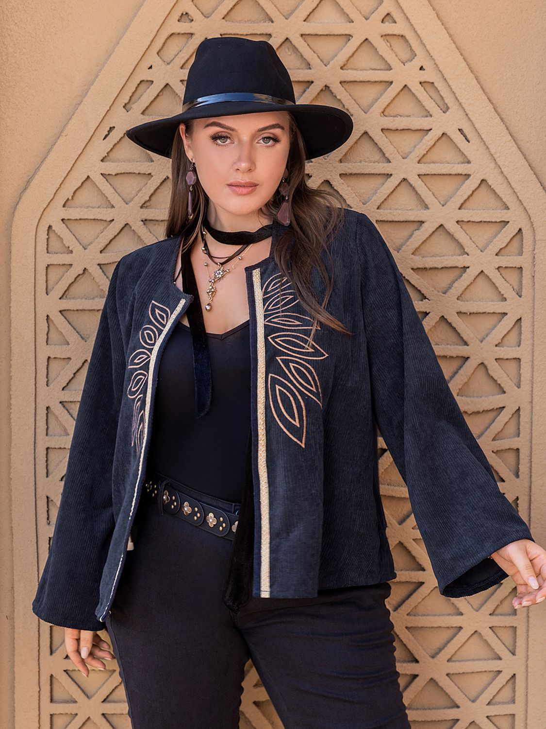 Plus Size Embroidered Open Front Corduroy Jacket