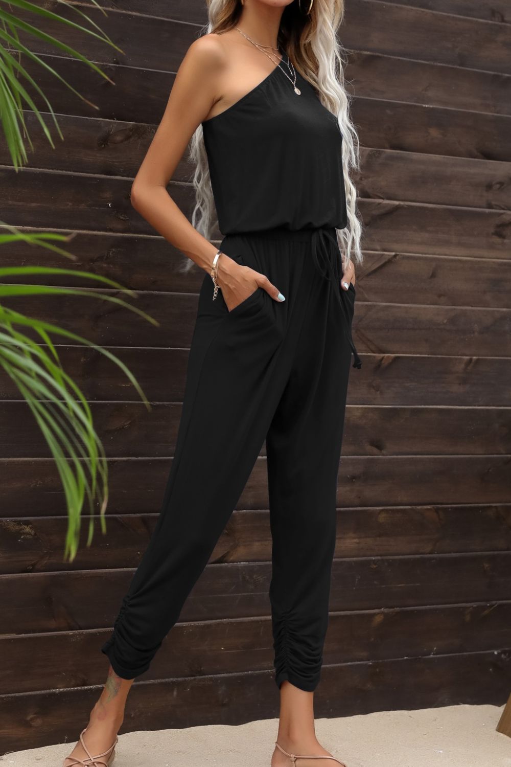 Drawstring Waist One-Shoulder Jumpsuit with Pockets