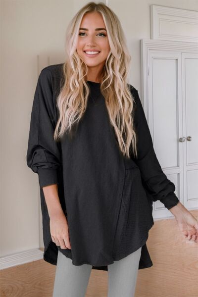 Contrast Texture Long Sleeve Blouse