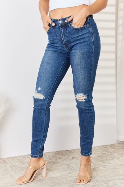 High Waist Distressed Slim Jeans by Judy Blue