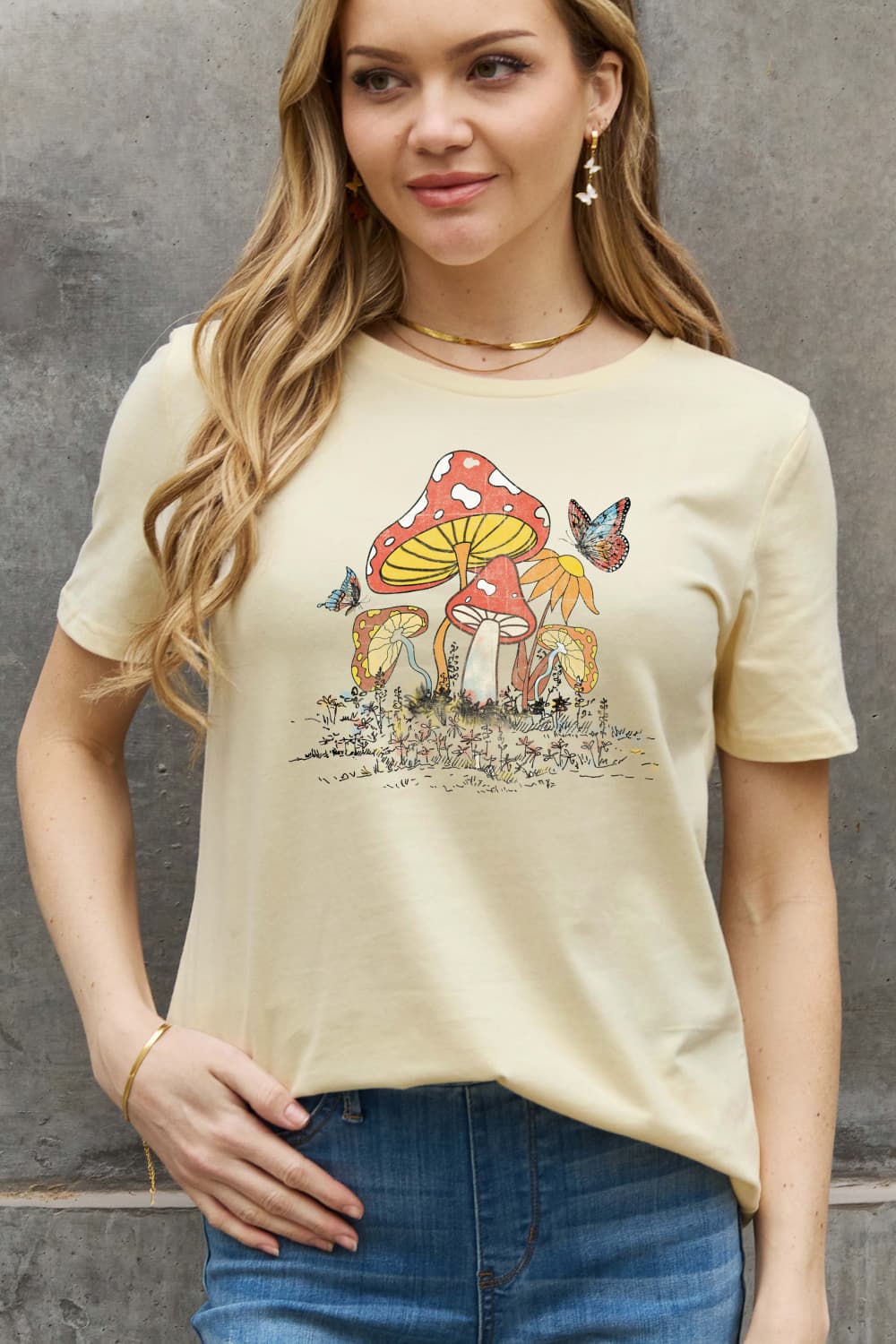 Mushroom & Butterfly Graphic Cotton T-Shirt