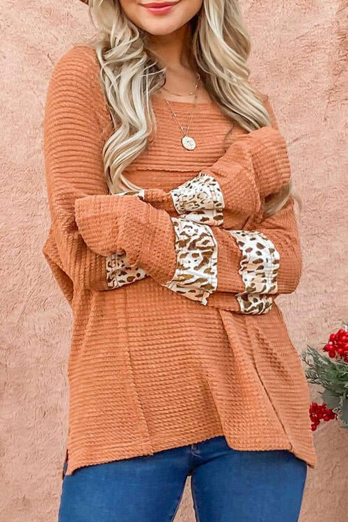 Waffle-Knit Leopard Long Sleeve Slit Blouse