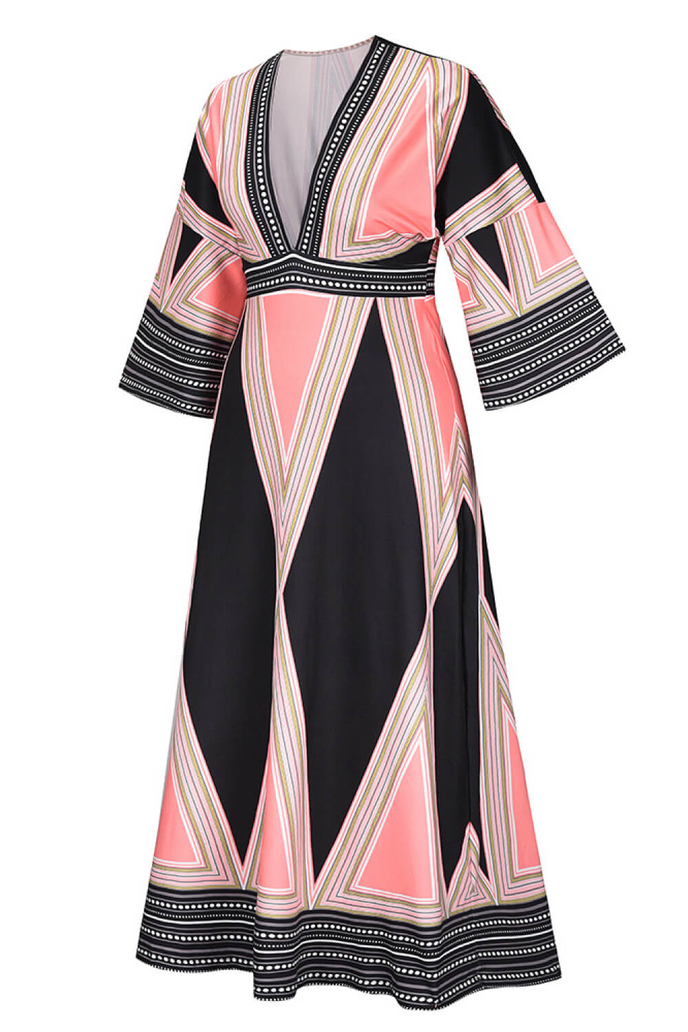 Geometric Print Plunge Bell Sleeve Maxi Dress