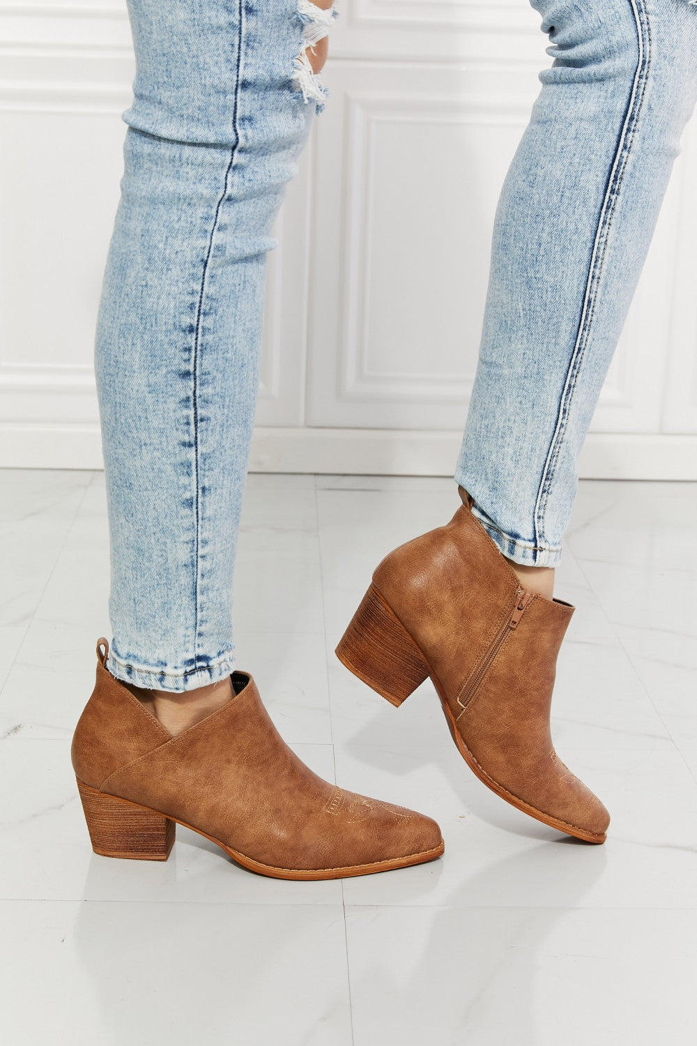 Trust Yourself Embroidered Crossover Cowboy Bootie in Caramel