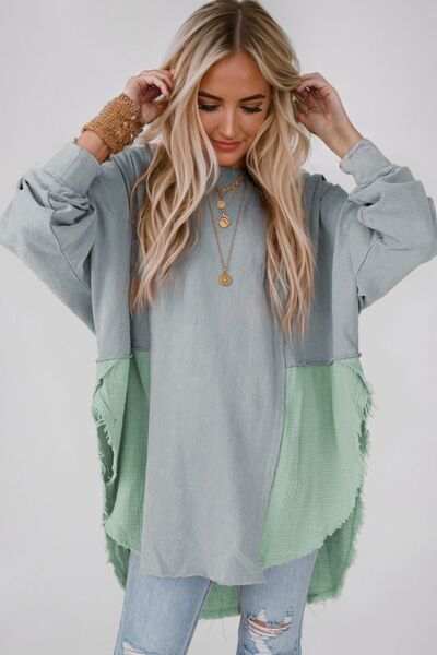 Contrast Texture Long Sleeve Blouse